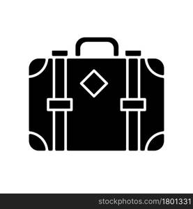 Old-fashioned style suitcase black glyph icon. Vintage luggage. Travel accessory. Victorian traveling case. Antique leather bag. Silhouette symbol on white space. Vector isolated illustration. Old-fashioned style suitcase black glyph icon