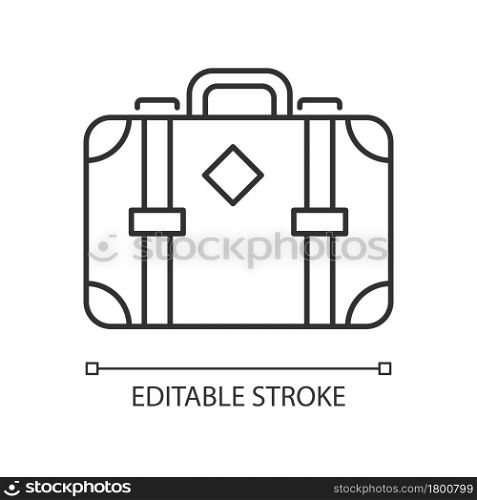 Old-fashioned style suitcase linear icon. Vintage luggage. Travel accessory. Antique leather bag. Thin line customizable illustration. Contour symbol. Vector isolated outline drawing. Editable stroke. Old-fashioned style suitcase linear icon