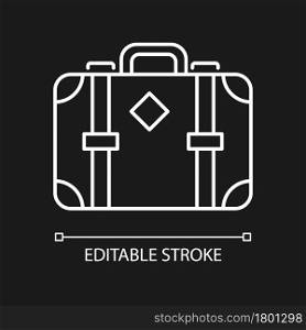 Old-fashioned style suitcase white linear icon for dark theme. Vintage luggage. Travel accessory. Thin line customizable illustration. Isolated vector contour symbol for night mode. Editable stroke. Old-fashioned style suitcase white linear icon for dark theme