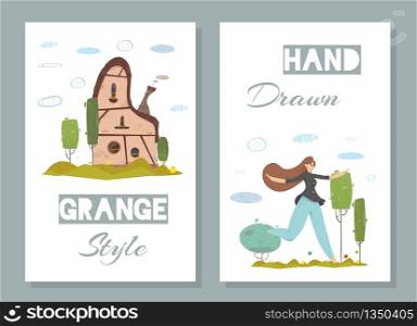 Old-Fashioned Traditional Stone House with Green Garden around. Happy Smiling Woman Running on Field. Grange Style and Hand Drawn Lettering Cards Set. Craft Design. Vector Cartoon Illustration. Craft Grange Style Invitation Card Trendy Flat Set