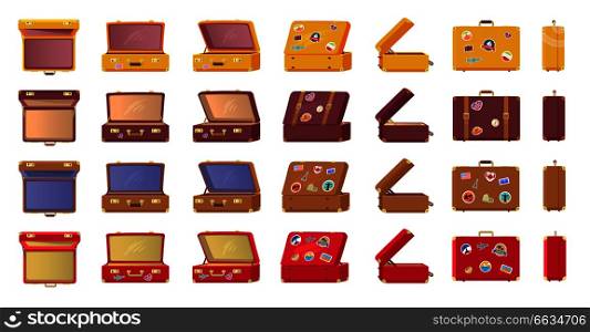 Old-fashioned vintage suitcases with travel-themed stickers from all sides view isolated vector illustrations set on white background.. Old-fashioned Vintage Suitcases with Stickers