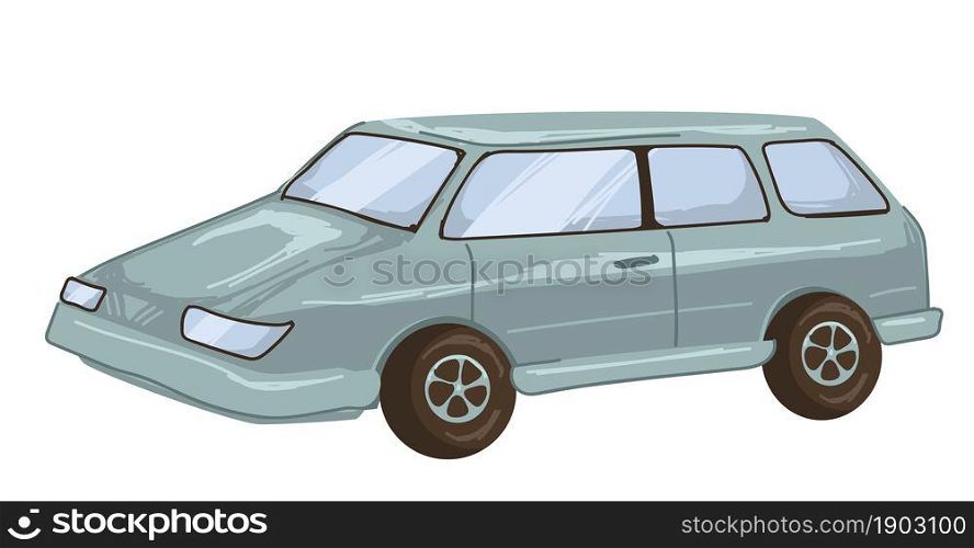 Old fashioned vintage transportation, comfortable automobile for big family. Isolated 1990s classic vehicle, auto of 90s, retro fashion and expensive model of transport. Vector in flat style. Retro mini van of 1990s, old car vintage transport