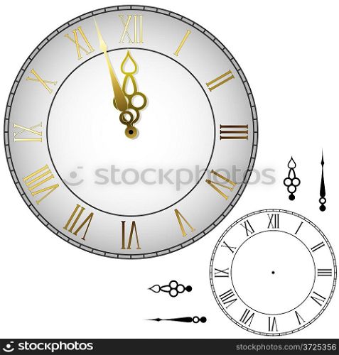 Old-fashioned wall clock with hands about midnight with black and white template.