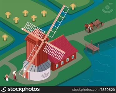 Old fashioned windmill with sails spinning atop of wooden tower surrounded by canals isometric composition vector illustration. Windmills Isometric Composition