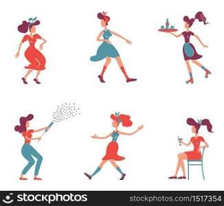 Old fashioned women flat color vector faceless characters set. Roller waitress, lady with confetti popper. Stylish girls in retro clothing isolated cartoon illustrations on white background