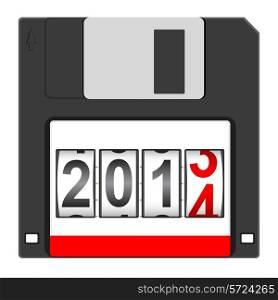 Old floppy disc for computer data storage with 2014 New Year counter isolated on white background. Vector illustration.