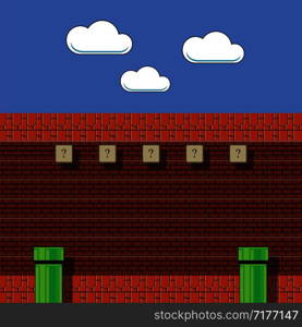 Old Game Background. Classic Retro Arcade Design with Green Pipe and Red Brick. Pixel Video Game Scenery. Video-Game Interface Design Elements.. Old Game Background. Classic Retro Arcade Design with Green Pipe and Red Brick. Pixel Video Game Scenery.