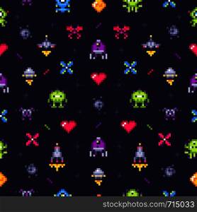 Old games seamless pattern. Retro gaming, pixels video game and pixel art arcade. Robot invader or space invaders pixelation computer game. 8 bit vector background illustration. Old games seamless pattern. Retro gaming, pixels video game and pixel art arcade vector background illustration