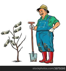 old gardener grows dollars on a tree. Pop art retro vector illustration kitsch vintage. old gardener grows dollars on a tree