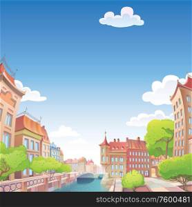 Old Good European City. The view on the old European city street and the river quay. Editable vector EPS v9.0