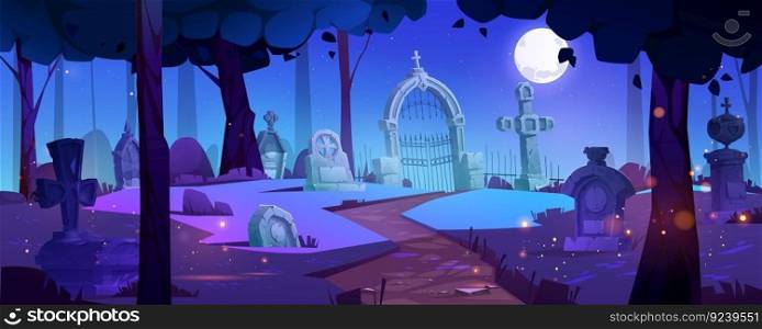 Old gothic cemetery at night. Vector cartoon illustration of ancient graveyard with cracked stone tombs, crosses under trees, spooky fireflies in air, moon glowing in dark starry sky. Haunted place. Old gothic cemetery at night