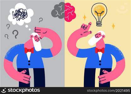 Old grandfather think remember and forget on contrary suffer from Alzheimer disease. Senior man struggle with brain mental illness. Elderly healthcare and geriatric concept. Flat vector illustration. . Mature grandfather loss memory suffer from Alzheimer disease