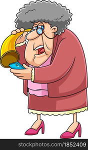 Old Grandma Cartoon Character Talking On Cell Phone With Hearing Trumpet. Vector Hand Drawn Illustration Isolated On Transparent Background