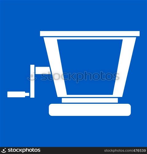 Old grape juicer icon white isolated on blue background vector illustration. Old grape juicer icon white