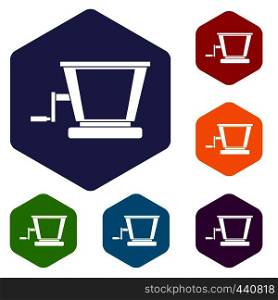 Old grape juicer icons set hexagon isolated vector illustration. Old grape juicer icons set hexagon