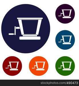 Old grape juicer icons set in flat circle red, blue and green color for web. Old grape juicer icons set