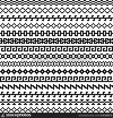 Old greek border, Tribal art vintage ethnic seamless pattern, asian lattice ornaments, chinese, japanese, korean vector set, Seamless pixel black and white patterns