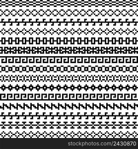 Old greek border, Tribal art vintage ethnic seamless pattern, asian lattice ornaments, chinese, japanese, korean vector set, Seamless pixel black and white patterns