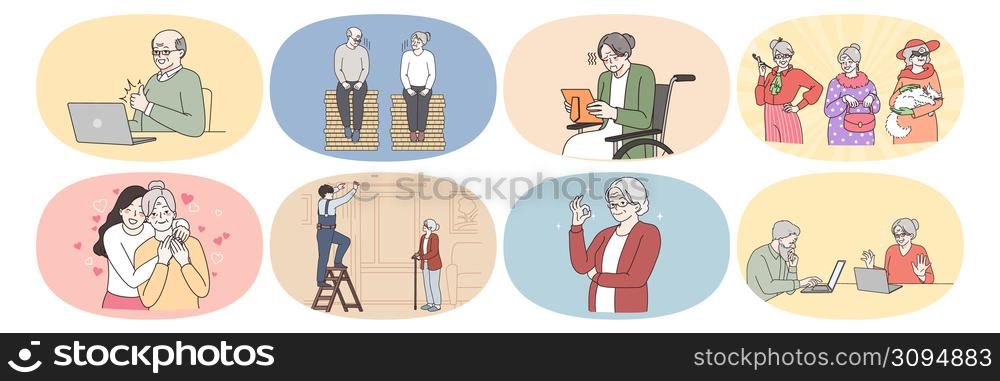 Old grey-haired grandparents enjoy happy good maturity in retirement house. Life of senior people. Saving for pension and communicating with relatives online. Elderly concept. Vector illustration.. Elderly people maturity life in retirement house