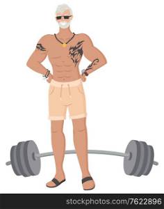 Old grey-haired man in gym vector, isolated senior person with tattoo flat style. Workout weightlifter grandfather hipster bodybuilder training with barbell. Muscles of personage. Hipster Grandfather in Gym, Old Male Bodybuilder
