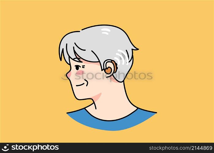 Old grey-haired man with hearing kit in ear have physical health problems. Senior male with acoustic aid for hear recovery. Elderly people trouble. Healthcare and medicine. Vector illustration. . Old man with hearing kit in ear