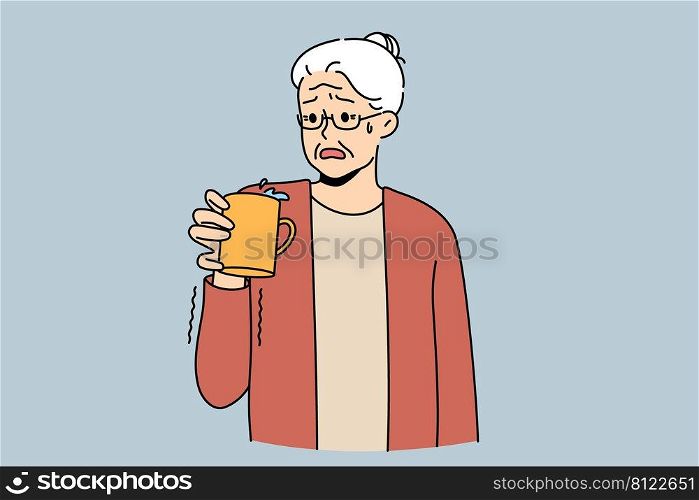 Old grey-haired woman hold cup feel trembling in hands. Unhealthy mature female suffer from Parkinson disease feeling limbs shaking. Elderly healthcare. Vector illustration. . Elderly woman have symptoms of Parkinson disease 