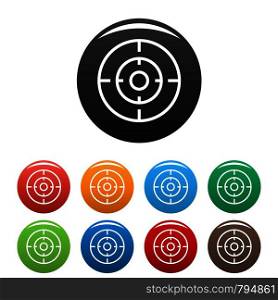 Old gun aim icons set 9 color vector isolated on white for any design. Old gun aim icons set color