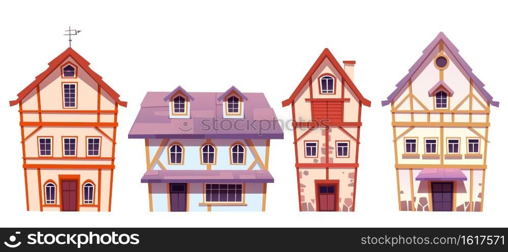 Old half-timbered houses in german village. Traditional medieval european buildings. Vector cartoon set of fachwerk cottages with facade from stone and timber isolated on white background. Old half-timbered houses in german village