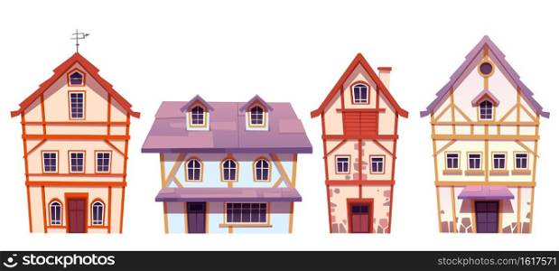 Old half-timbered houses in german village. Traditional medieval european buildings. Vector cartoon set of fachwerk cottages with facade from stone and timber isolated on white background. Old half-timbered houses in german village