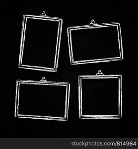 Old hand drawn chalk photo frames, white vintage image borders with shadows isolated on blackboard vector set. Chalk frame on blackboard, drawing framework for menu illustration. Old hand drawn chalk photo frames, white vintage image borders with shadows isolated on blackboard vector set