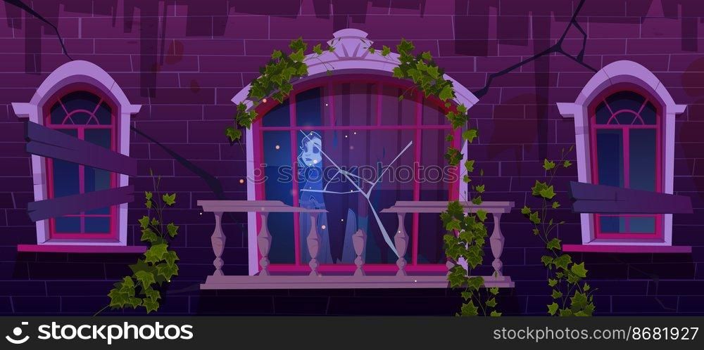 Old haunted house with woman ghost in window. Broken abandoned building with boarded up windows and ivy vines on brick wall. Vector cartoon illustration of spooky vintage house with dead girl spirit. Old haunted house with woman ghost in window