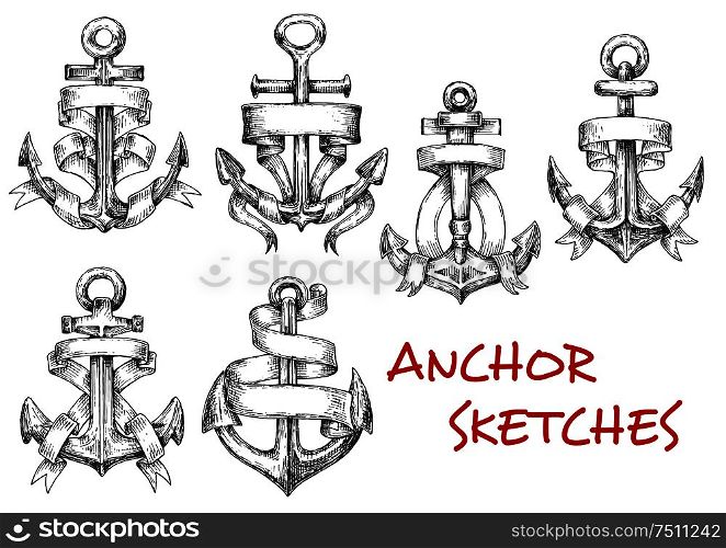 Old heraldic anchors with wavy ribbon banner or paper scroll. Sketch style. Nautical heraldry, marine, journey and adventure design usage. Sketches of old heraldic anchors with ribbons