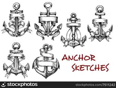 Old heraldic anchors with wavy ribbon banner or paper scroll. Sketch style. Nautical heraldry, marine, journey and adventure design usage. Sketches of old heraldic anchors with ribbons