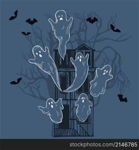 Old house and ghosts on a dark background. Vector halloween illustration.. Hand drawn halloween set. Vector sketch illustration.