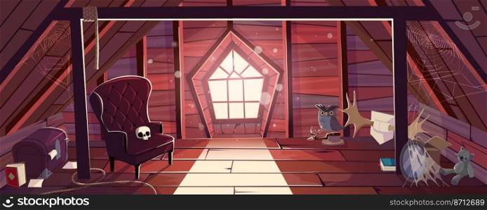 Old house attic with vintage furniture, toys and books. Wooden mansard room with window, spiderweb and flying dust. Garret interior with chair, chest, elk horns, vector cartoon illustration. Old house attic with vintage furniture, dust