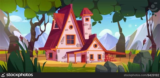Old house in forest at foot of mountains. Vector cartoon illustration of cozy cottage with wooden porch and red roof in beautiful valley with tall trees, spring flowers, green grass and stones. Old house in forest at foot of mountains