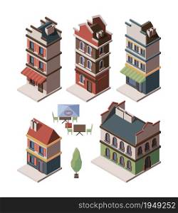 Old house isometric. Medieval buildings royal gates retro apartment antique constructions vector set. Illustration construction house isometric, residential living dwelling. Old house isometric. Medieval buildings royal gates retro apartment antique constructions vector set