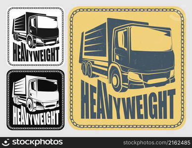 Old iron chain framed square sticker with heavy truck in retro style . Magazine cover, trucking brochure. Industrial machinery and equipment. Vector