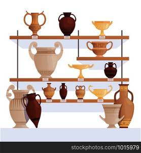 Old jug on shelves. Antique vessel in museum history clay cups and amphoras vector cartoon concept. Illustration of exhibition ancient amphora, pottery exposition. Old jug on shelves. Antique vessel in museum history clay cups and amphoras vector cartoon concept