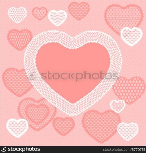 Old lace background, pink card with hearts.