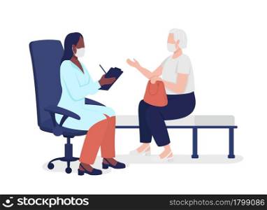 Old lady consulting with physician semi flat color vector characters. Full body people on white. Going to geriatric doctor isolated modern cartoon style illustration for graphic design and animation. Old lady consulting with physician semi flat color vector characters