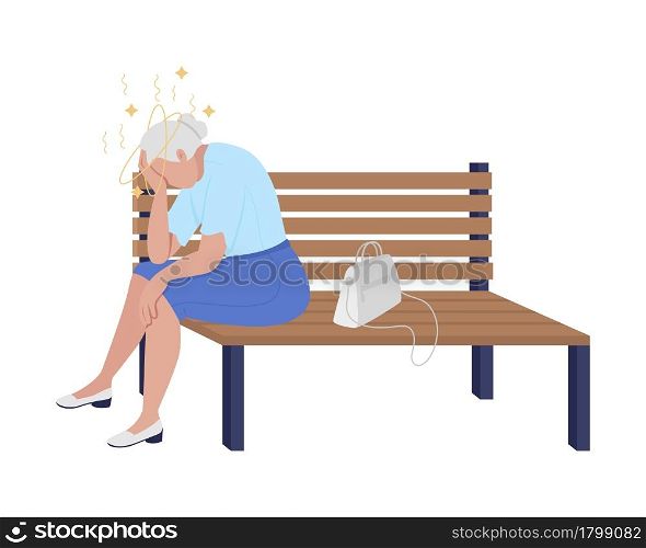 Old lady feeling dizzy semi flat color vector character. Sitting figure. Full body person on white. Age-related vertigo isolated modern cartoon style illustration for graphic design and animation. Old lady feeling dizzy semi flat color vector character