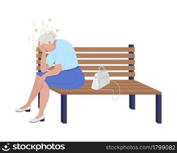 Old lady feeling dizzy semi flat color vector character. Sitting figure. Full body person on white. Age-related vertigo isolated modern cartoon style illustration for graphic design and animation. Old lady feeling dizzy semi flat color vector character