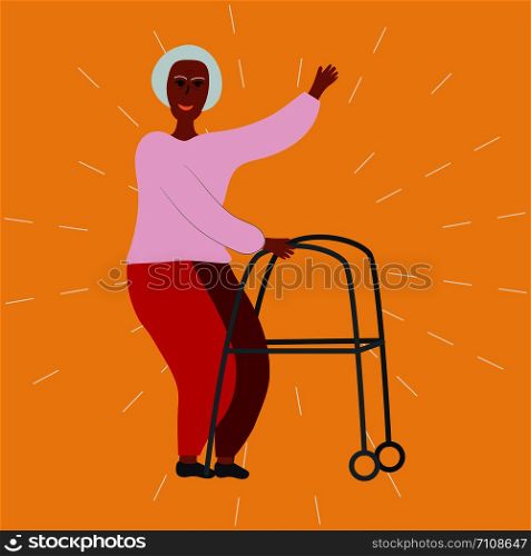 Old lady with a walker. Old people activity concept. Flat cartoon style. Vector illustration.. Old lady with a walker.