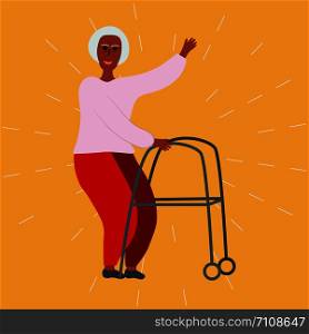 Old lady with a walker. Old people activity concept. Flat cartoon style. Vector illustration.. Old lady with a walker.