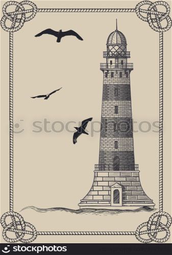 Old lighthouse standing waves in the frame of rope on a beige background