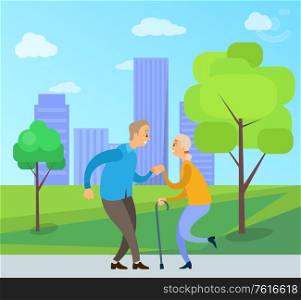 Old lovers dancing outdoor, pensioners in casual clothes moving in urban park, side view of elderly man and woman near trees and skyscrapers vector. Elderly Couple Dancing Outdoor, Dancers Vector
