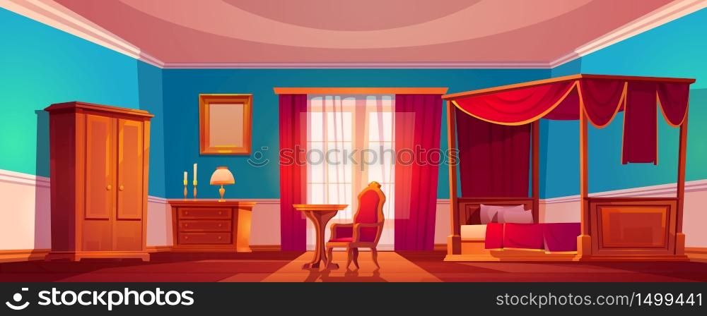 Old luxury bedroom with wooden furniture and red curtains. Vector cartoon illustration of vintage interior with canopy bed, nightstand, wardrobe, chair and mirror in golden frame. Old luxury bedroom interior with canopy bed
