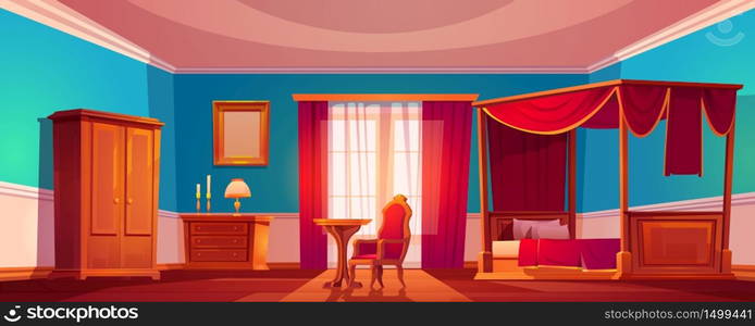 Old luxury bedroom with wooden furniture and red curtains. Vector cartoon illustration of vintage interior with canopy bed, nightstand, wardrobe, chair and mirror in golden frame. Old luxury bedroom interior with canopy bed