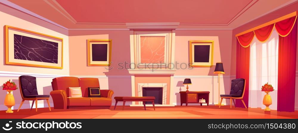 Old luxury living room interior with sofa, armchairs and marble fireplace. Vector cartoon illustration of empty lounge in classic style with red curtains and paintings in golden frames. Old luxury living room interior with fireplace